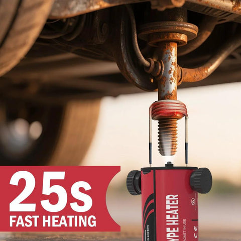 Solary induction heater bolt removal tool; red handheld unit clamped to a rusty bolt under a vehicle.
