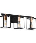 Industrial Style 3 Light Vanity Light Fixture In Black And Antique Brass With Metal Cage Frame Rustic Farmhouse Wall Sconce