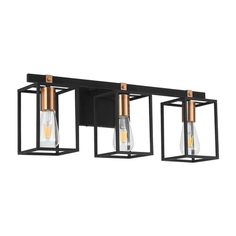 Industrial Style 3 Light Vanity Light Fixture In Black And Antique Brass With Metal Cage Frame Rustic Farmhouse Wall Sconce