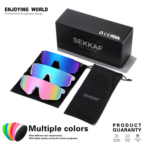 Colorful kids sports sunglasses with UV400 protection displayed on cloth, next to branded box and pouch, for baseball and outdoor play.