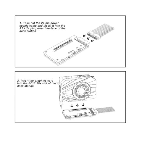 Instructions for using Level Up Your Rig With This External Gpu Docking Enclosure featuring ATX 24 pin and PCIE 16x slot.