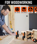 Woodworker using tools with various Six Pack Heavy Duty Spring Clamps, 7 Inch Plastic Clamps With 3.7 Inch Jaw Opening For DIY.