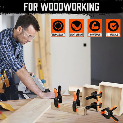 Woodworker using tools with various Six Pack Heavy Duty Spring Clamps, 7 Inch Plastic Clamps With 3.7 Inch Jaw Opening For DIY.