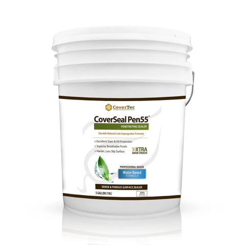 Clear Fluoropolymer Sealer That Penetrates To Stop Oil And Stains On Concrete Marble And Terrazzo Perfect For Driveways And Patios Exterior And Interior Use Stain Resistant Breathable UV Safe Non Yellowing Sealant 5 Gallons in white bucket