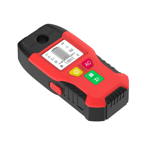 Stud Finder 6-in-1 Wall Scanner Metal Detector Live Wire(Red) showing user interface and buttons for scanning features.