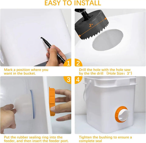 Orange 12 Pack Chicken Feeder Ports With Lids Drill Bit DIY Automatic Poultry Feeder Cups Kit installation guide.