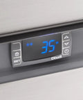 Clear digital LED temperature readout showing 35°F on Built Tough Stainless Steel Milk Crate Cooler Box With Heavy Duty Urethane Walls.