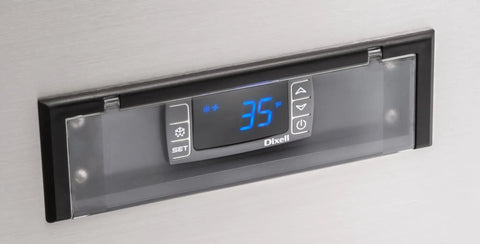 Clear digital LED temperature readout showing 35°F on Built Tough Stainless Steel Milk Crate Cooler Box With Heavy Duty Urethane Walls.