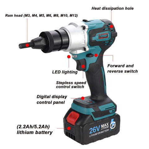 Heavy Duty Cordless Rivet Nut Gun With Lightning Fast Automatic Pulling Action And Slick Handheld Build For Solid Steel Iron Aluminum Using M3 Through M12 Thread Sizes Ready To Work Any Job Site With Twin 26V Packs, showing ram head and controls.