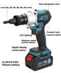 Heavy Duty Cordless Rivet Nut Gun With 5200mAh Dual Batteries For Lickety Fast Pop Rivet Insertion Tools M3 M4 M5 M6 M8 M10 M12 Compatible close-up showing ram head, digital display, and lithium battery.