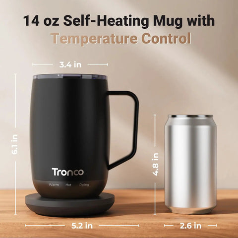 No App Hassle Self Heating Coffee Mug With Precise Temperature Control, 14 Oz Travel Cup next to a can for size comparison.
