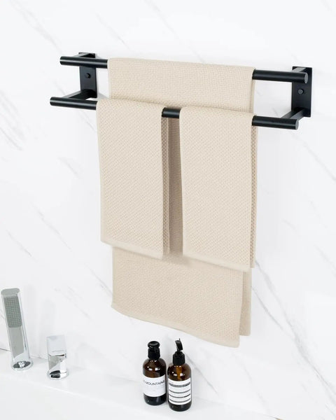 Double Layer 24 Inch Wall Mount Towel Rack In Matte Black SUS304 Stainless Steel Towel Hanger With Thickened Pipe holding towels