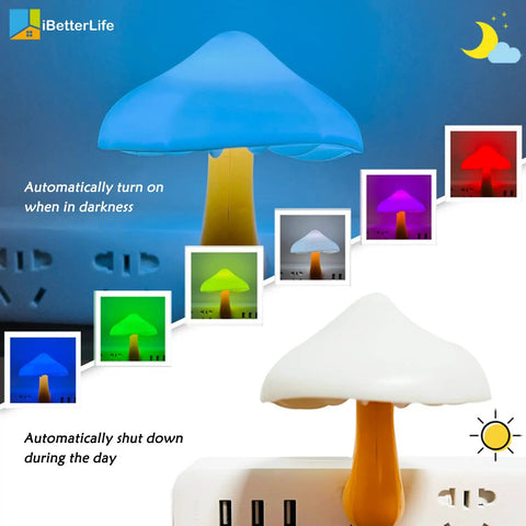 Mushroom Sensor Night Light With Auto Dusk To Dawn Glow Plug In 7 Color Changing LED Lamp showing color variations and plug-in design.