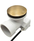 Top Shelf 35 Inch Cable Driven Bath Drain Trim Kit With Rotary Overflow Cover And Smooth Pop Up Stopper Featuring Schedule 40 PVC Construction And Slick Champagne Bronze Finish - Close-up view of brass stopper and PVC connector.