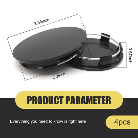 4 Pack Universal Car Wheel Center Caps Sixty Millimeter Outer Diameter Fifty Six Millimeter Inner Bore Tough As Nails ABS Plastic Snap On Rim Hub Caps close-up view with size dimensions.