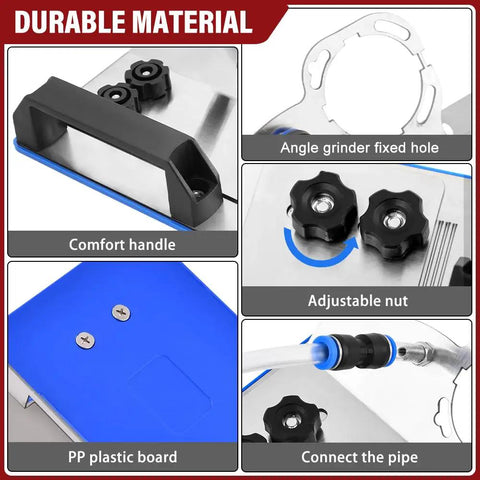 Adjustable Tile Cutter Chamfering Tool For Angle Grinder With 45 Degree Bevel Pro Grade Kit Includes 2 Pairs Gloves And Universal Stand, showing comfort handle, angle grinder hole, PP board, adjustable nut, connecting pipe.