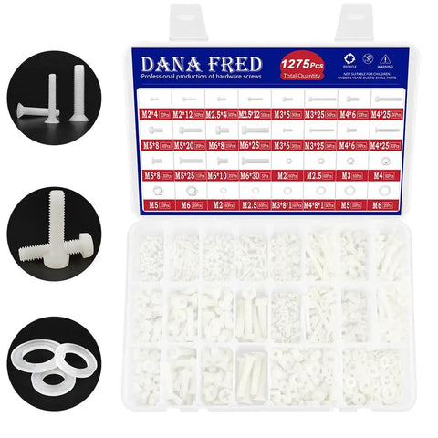 1275 Piece White Nylon Pan And Flat Head Machine Screw Assortment Kit With Phillips Cross Recessed Bolts Nuts And Washers in storage box.