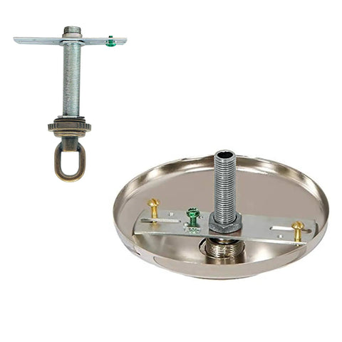 Cross Bar Light Fixture Kit With 1/4 IP Center Screw Collar Canopy Hardware In Antique Brass For Hanging Chandeliers, Fixing Fixtures, Rebuilding Lamps, And Creating Custom Table Or Pole Lamps, shown with mounting parts