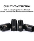 Four pieces from the Fourteen Piece Half Inch Drive Shallow Impact Socket Set; CR-V Steel with black oxide finish