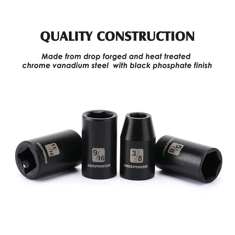 Four pieces from the Fourteen Piece Half Inch Drive Shallow Impact Socket Set; CR-V Steel with black oxide finish