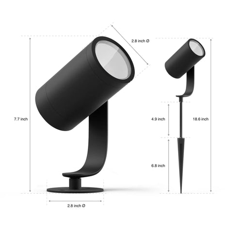 Lily Outdoor Smart Spotlight Base Kit Three Pack With White And Color Ambiance LED Walkway Lights, dimensions shown