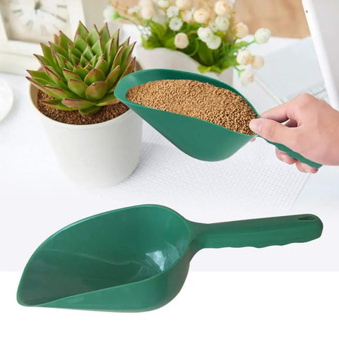 All-Purpose Plastic Garden Soil Scoop Shovel used for potting succulents, showing lightweight design and handle with hanging hole