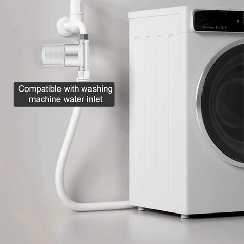 40 Micron Brass Inline Washing Machine Water Filter attached to a washing machine hose, showing compatibility with water inlet