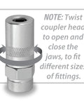 Twistable coupler head for Professional Grade 14 Oz Pistol Grip Grease Gun With Heavy Duty Build, instruction shown in image.