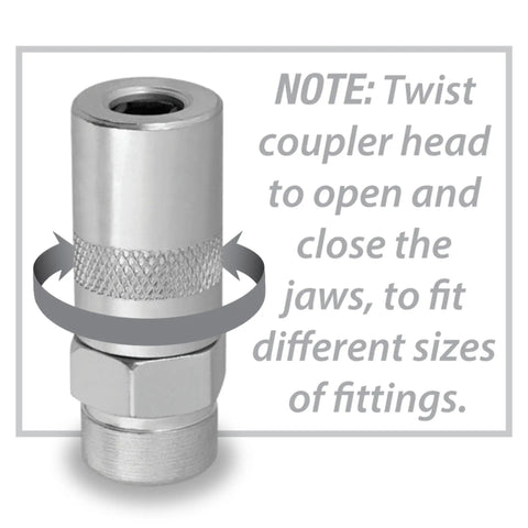 Twistable coupler head for Professional Grade 14 Oz Pistol Grip Grease Gun With Heavy Duty Build, instruction shown in image.