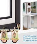 Closet Door Rollers Replacement With Ball Bearing Wheels For Mirror Wardrobe Sliding Doors Adjustable Height 4.72 By 2.36 Inches Universal Fit For Wood And Metal Framed Doors Smooth Gliding Hardware Solution shown with close-up view of rollers and installation examples for patio, closet, and wardrobe doors.