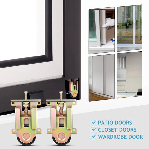 Closet Door Rollers Replacement With Ball Bearing Wheels For Mirror Wardrobe Sliding Doors Adjustable Height 4.72 By 2.36 Inches Universal Fit For Wood And Metal Framed Doors Smooth Gliding Hardware Solution shown with close-up view of rollers and installation examples for patio, closet, and wardrobe doors.