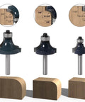 Hot New 3 Piece 1/4 Inch Shank Carbide Router Bit Set With Bearing Guide displayed with measurements and chamfered wooden samples.