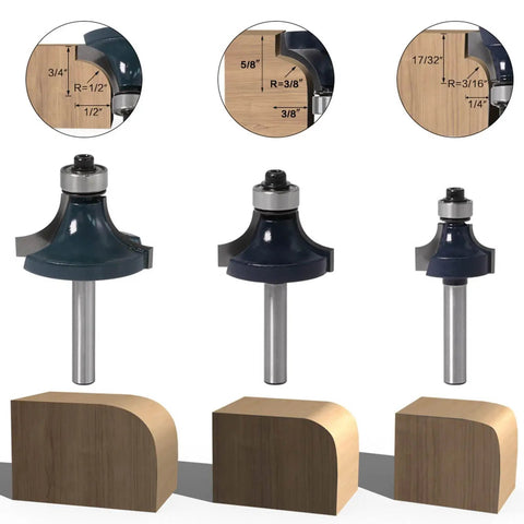 Hot New 3 Piece 1/4 Inch Shank Carbide Router Bit Set With Bearing Guide displayed with measurements and chamfered wooden samples.