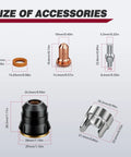 Diagram of IPT60 Plasma Cutter Torch Consumables Kit showing sizes of copper components, 23 pieces, compatible with CUT55/60 models.