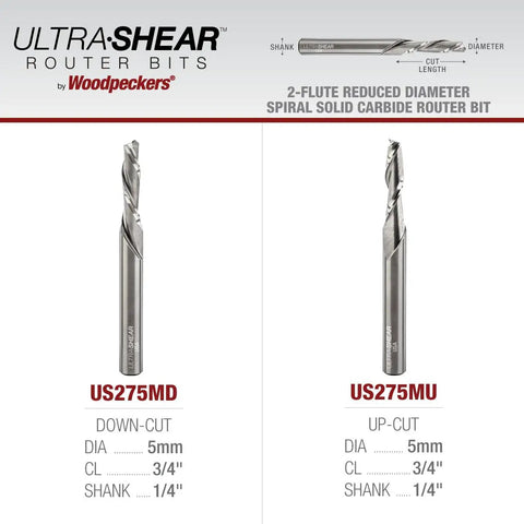 Comparison of Ultra-Shear router bits including Solid Carbide 5mm Down Cut Router Bit Pro Grade, side view.