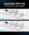 Aquila20 FPV Kit With Altitude Hold For Stable Hover showing drone flight paths in S and M modes through obstacles.