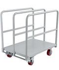 Heavy Duty Steel Panel Cart In Light Gray Offers Rust Resistant Powder Coating And Smooth Rolling Nylon Casters For Garage Or Warehouse Material Handling Built Legit Tough For The Daily Grind, side view with wheels.