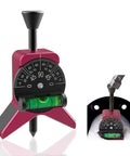 Front view of pink magnetic pipe center finder with Y-shaped feet and bubble level; fits 1-1/2 to 6" pipes.