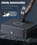 Heavy Duty Cash Box With Lock and Money Tray, metal safe box showing sturdy construction with hammer hitting its surface.