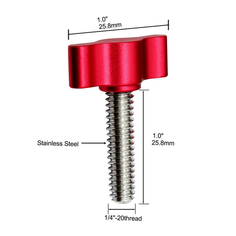 Stainless Steel Thumb Screws Set With Red Adjustable Tee Wing Aluminum Knob Quarter Inch Twenty Thread One Inch Length