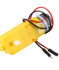 Four Pack TT Motors With 1 To 48 Gearbox, 3-6V DC, 200 RPM, yellow casing, 2.54mm shaft, 200mm wires, side view, DIY robots