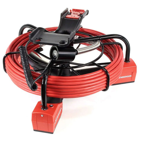 Top Shelf Pipe Inspection Camera Cable Reel Module With Flexible Waterproof Camera Head For Nailing Clogs In Two To Four Inch Drain Lines Recording Video And Photos Right On The Spot, showing red coiled cable and black frame.