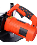 Close-up of Builder Grade Kickass Concrete Cut Off Saw With 14 Inch Diamond Blade and Raging 15 Amp Motor for masonry.