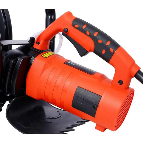 Close-up of Builder Grade Kickass Concrete Cut Off Saw With 14 Inch Diamond Blade and Raging 15 Amp Motor for masonry.