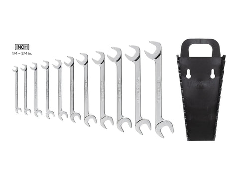 Angle Head Open End Wrench Set With Holder, 11 Piece, Sizes One Quarter To Three Quarter Inch, shown with black holder