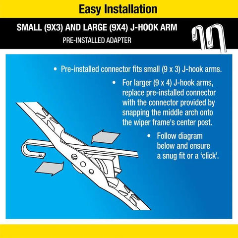 Front view of Rain-X WeatherBeater windshield wiper blades, 22 in, pack of 2, with pre-installed J-hook adapters (installation diagram)