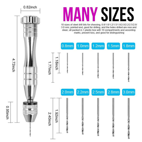 Killer Precision Steel Pin Vise Hand Drill Accompanied By Ten Mini Drill Bits Perfect For Resin Jewelry Crafting Woodworking Polymer Clays And DIY Accessories That Handle The Nitty Gritty Work Without Breaking A Sweat. Stainless steel pin vise with ten mini drill bits sizes 0.8 to 3.0mm, ideal for precise crafting.