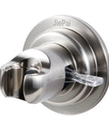 Brushed nickel no drill suction cup shower head holder with adhesive discs, heavy duty wall mount for glass tile, holds up to 7.5 lbs.