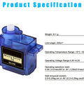 Blue SG90 micro servo motor with product specifications, part of Six Pack SG90 9G Micro Servo Motors Kit For RC Robot Arm Helicopter Airplane Car Boat Control With Cables And Male And Female Ends Durable High Torque Micro Servos For Hobbyists And Makers.