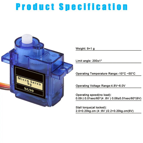 Blue SG90 micro servo motor with product specifications, part of Six Pack SG90 9G Micro Servo Motors Kit For RC Robot Arm Helicopter Airplane Car Boat Control With Cables And Male And Female Ends Durable High Torque Micro Servos For Hobbyists And Makers.